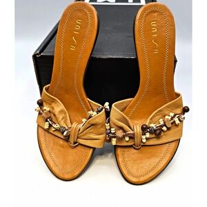 Unisa Tan Beaded Bow Mule Heels Faux Leather Size 6